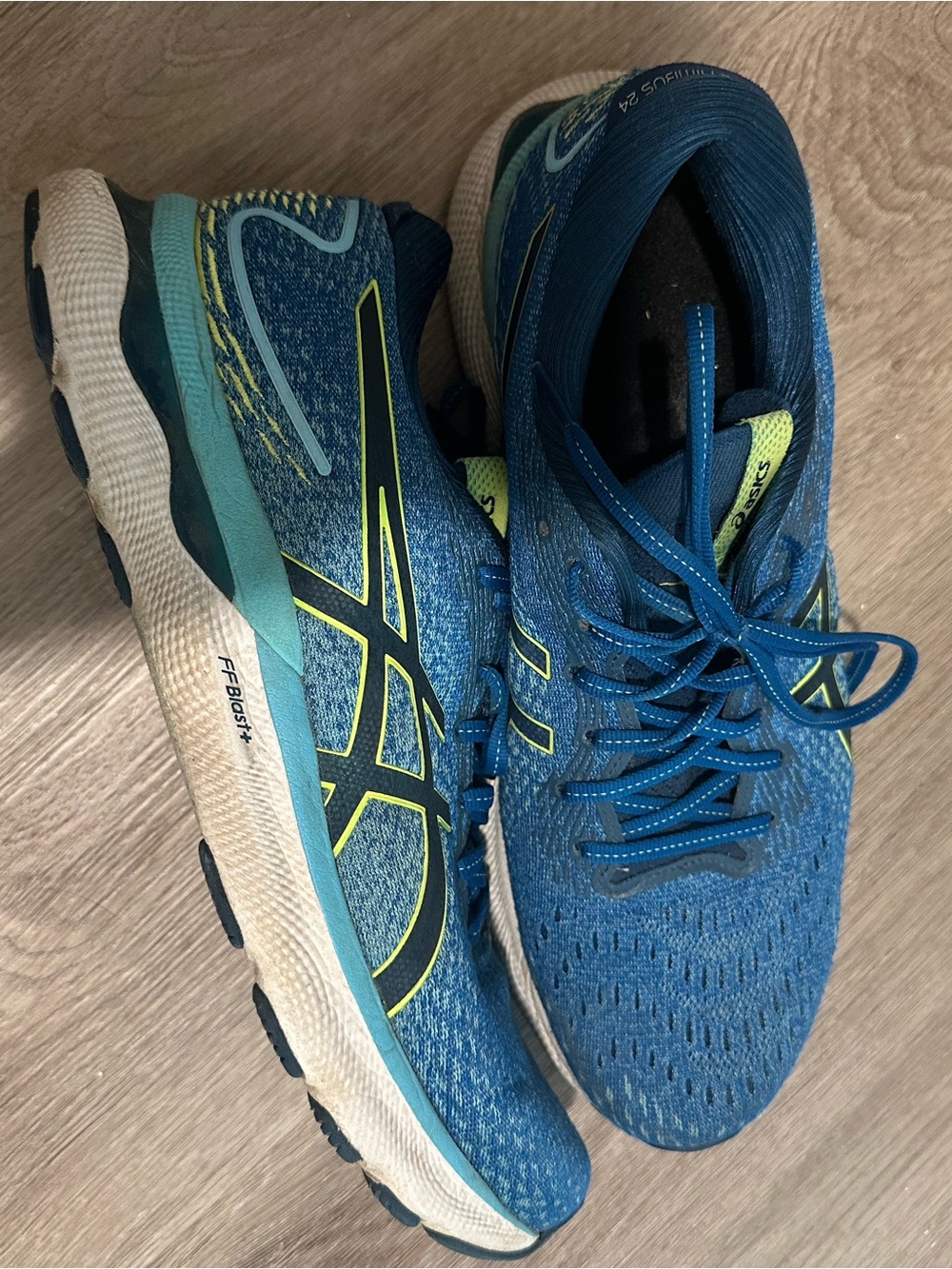 Asics Blue Knit GEL-Nimbus 24 Running Shoes with Yellow Accents